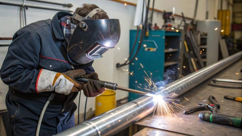 A close-up shot of a clean, professional TIG weld joining two aluminum tubes at a right angle.